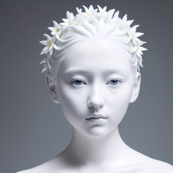 white mannequin with a white head and white flowers in her hair and a blue eyehadow