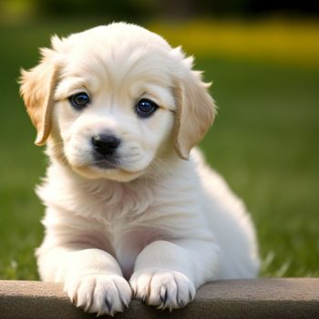 puppy is sitting on the grass with his paws on the ground and looking at the camera with a sad look on his face