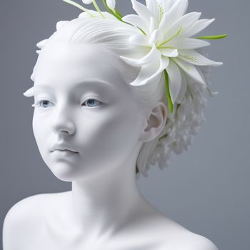 white mannequin head with a flower in it's hair and a white flower in the middle of the head