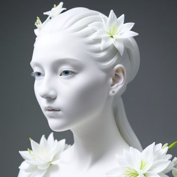 white woman with flowers in her hair and a white dress with a flower in her hair and a white dress with flowers in her hair