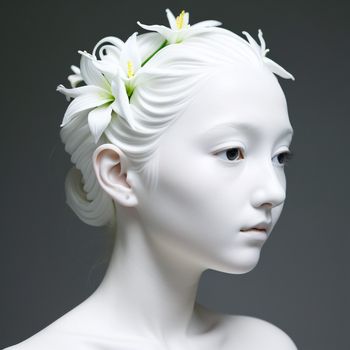 white mannequin with a flower in her hair and a white dress on her head