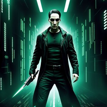 man in a black coat holding a gun in a green room with lights on it and a green background