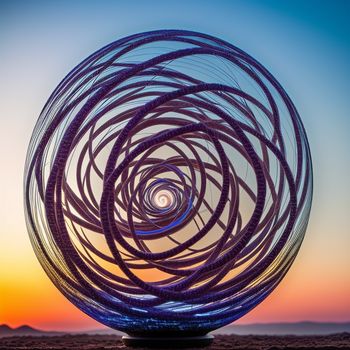 sculpture with a spiral design on top of it in the middle of a field at sunset with a sky background