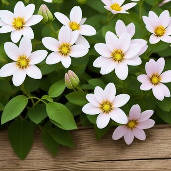 bunch of flowers that are on a table together in a garden area with green leaves and a wooden plank