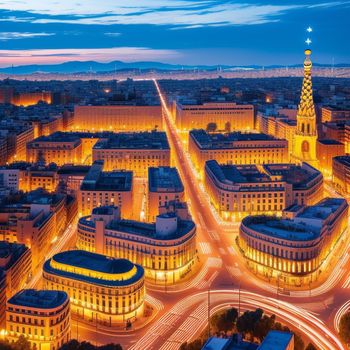 city with a lot of buildings and a clock tower at night time with lights on it and a street in the middle