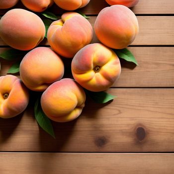 group of peaches sitting on top of a wooden table next to leaves and a cup of coffee