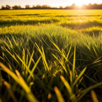 field of grass with the sun shining in the background and the grass is green and yellow and has little leaves