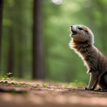 small animal standing on its hind legs in the woods looking up at the sky and trees in the background