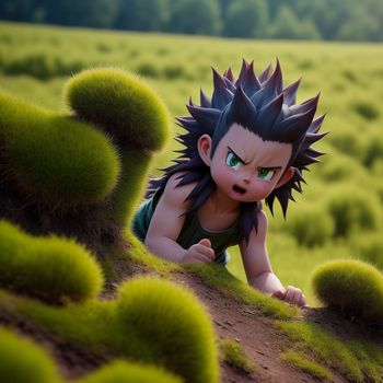 cartoon character is crawling over a hill of grass and bushes in a field of grass and bushes