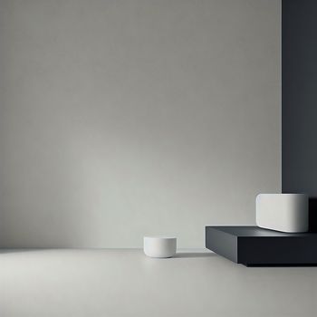 white vase sitting on top of a black shelf next to a white wall and a black shelf with a white cup