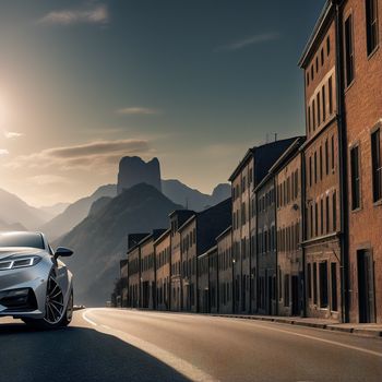 car driving down a street next to tall buildings and mountains in the background with the sun shining on the mountains