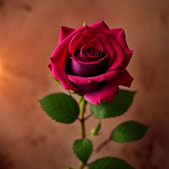 single red rose with green leaves in a vase on a table top with a light behind it and a brown background