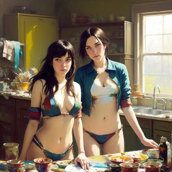 two women in bikinis standing in a kitchen with food on the counter and a sink behind them