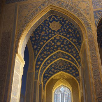 large building with a very ornate ceiling and a big window in it's center area with a blue and gold design