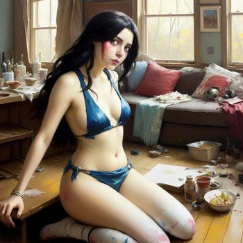 painting of a woman in a bikini sitting on a table in a messy room with a messy couch