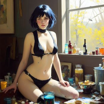 painting of a woman in a bikini sitting on a table with a lot of paint and a bottle of alcohol