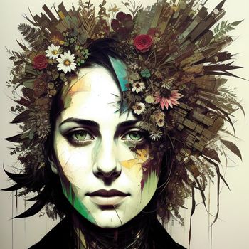 woman with a flower crown on her head and a painting of flowers on her head and a painting of leaves and flowers on her face