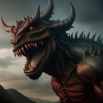 dragon with large horns and sharp teeth is shown in front of a cloudy sky with mountains and hills
