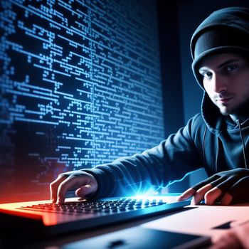 man in a hoodie is typing on a laptop computer with a glowing screen behind him and a glowing keyboard behind him