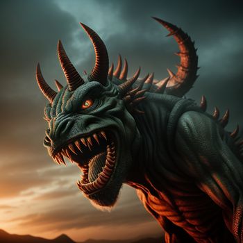 green dragon with large horns and sharp teeth is in the sky with a dark background and a dark cloud