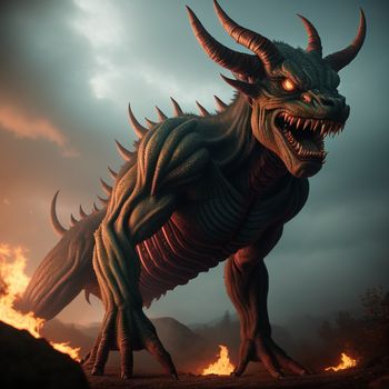 dragon with large horns and huge horns on its head is standing in front of a fire filled sky