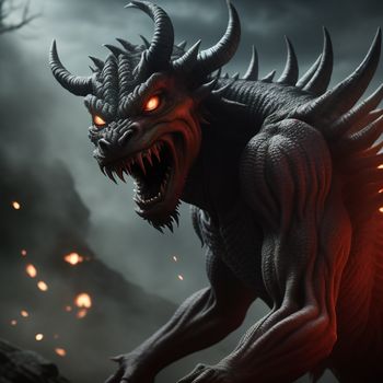 demonic demon with glowing eyes and horns on a dark background with a fireball in the air and a dark sky