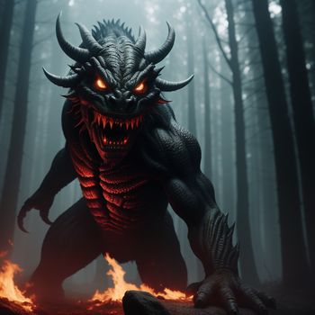 demonic creature with glowing eyes and a demon like head in the woods with fire in its mouth
