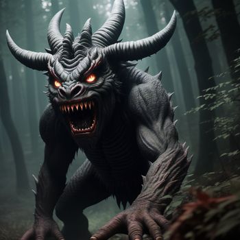 demonic demon with large horns and glowing eyes in a forest with trees and bushes