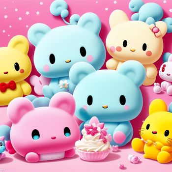 group of cute little bears standing next to each other with a cake in front of them on a pink background