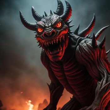 demonic looking creature with red eyes and horns on a dark background with a fire in the background and a dark sky