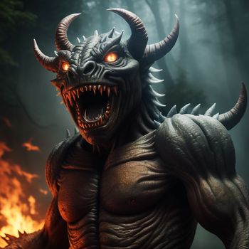 demonic looking creature with glowing eyes and horns in the dark forest with a fire in the background and a forest fire in the foreground