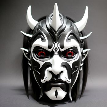 mask with horns and horns on it's face is shown in black and white colors with red eyes