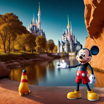 mickey mouse standing next to a castle in a park with a pond and a yellow cone shaped object