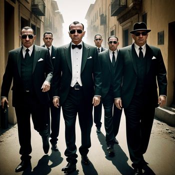 group of men in suits and sunglasses walking down a street together in a line with one man in the middle