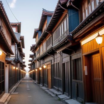 narrow street with wooden buildings and lights on either side of it and a street light on the other side