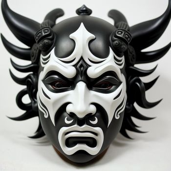 mask with black and white designs on it's face and horns on its head