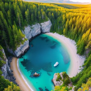 boat is sitting in a blue lake surrounded by trees and rocks