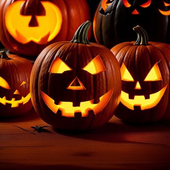 group of carved pumpkins sitting on top of a table next to each other with faces carved into them