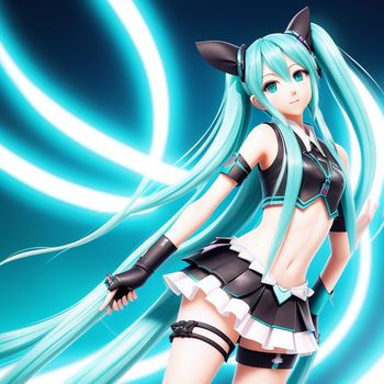 anime girl with long blue hair and a cat ears outfit is standing in front of a blue background