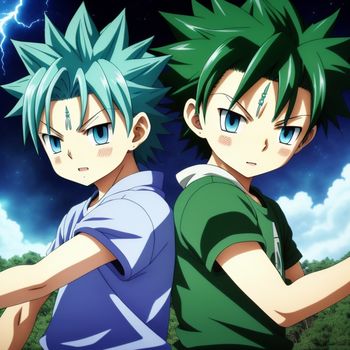 two anime characters with green hair and blue eyes