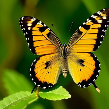 yellow butterfly sitting on a green leaf with a blurry background of leaves and grass in the background