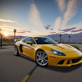 yellow sports car driving down a road at sunset or dawn with palm trees in the background and a sky with clouds