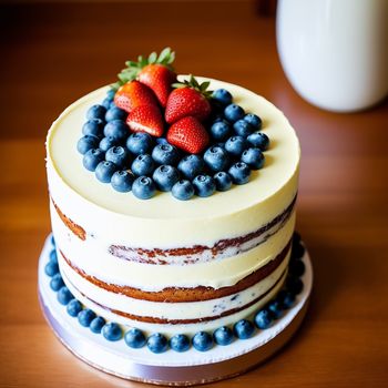 cake with berries on top of it on a table next to a glass of milk and a mug