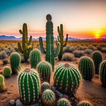 large cactus with a sunset in the background and a few other cactuses in the foreground with mountains in the distance