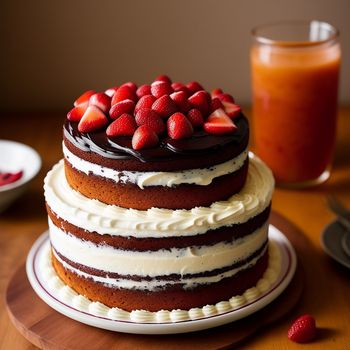 cake with strawberries on top of it on a table next to a glass of orange juice and a spoon