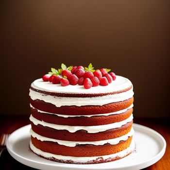 cake with white frosting and raspberries on top of it on a plate on a table