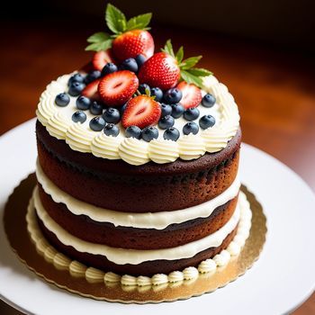 three layer cake with strawberries and blueberries on top of it on a plate on a table