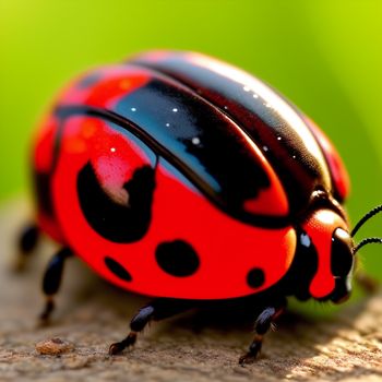 lady bug sitting on top of a wooden surface next to a green background with a red spot on the back of the bug