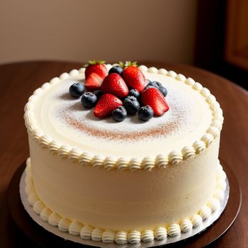 cake with white frosting and fresh berries on top of it on a table with a wooden table