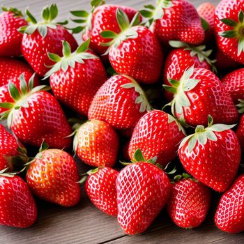 pile of strawberries on a wooden table top with a green leafy topper on the top